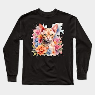 A devon rex cat decorated with beautiful watercolor flowers Long Sleeve T-Shirt